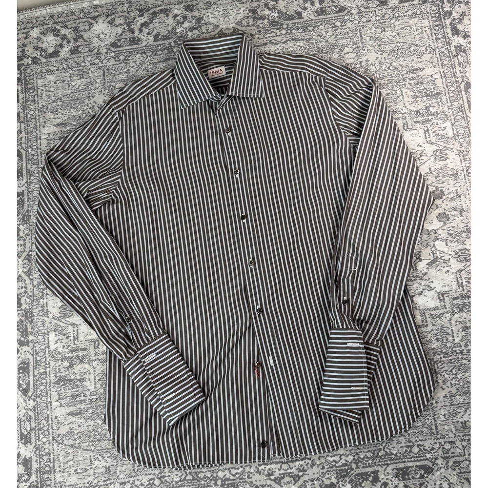 Isaia Napoli Neiman Marcus Mens 16 41 Brown Stripe French Cuff Dress Shirt